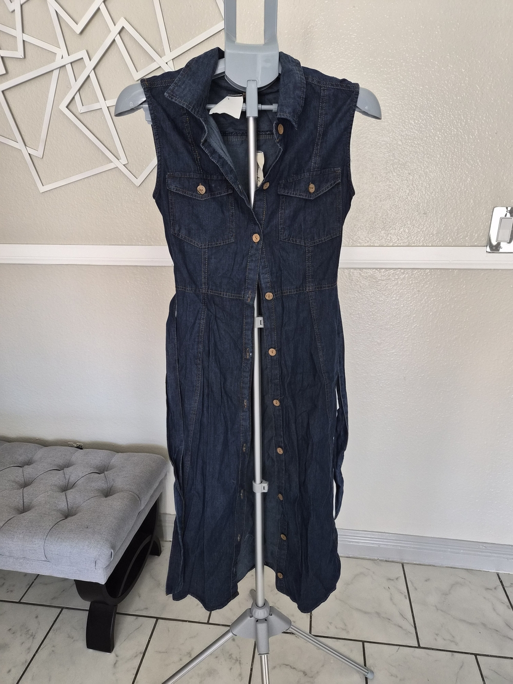Sleeveless Dark Indigo Denim Midi Shirt Dress